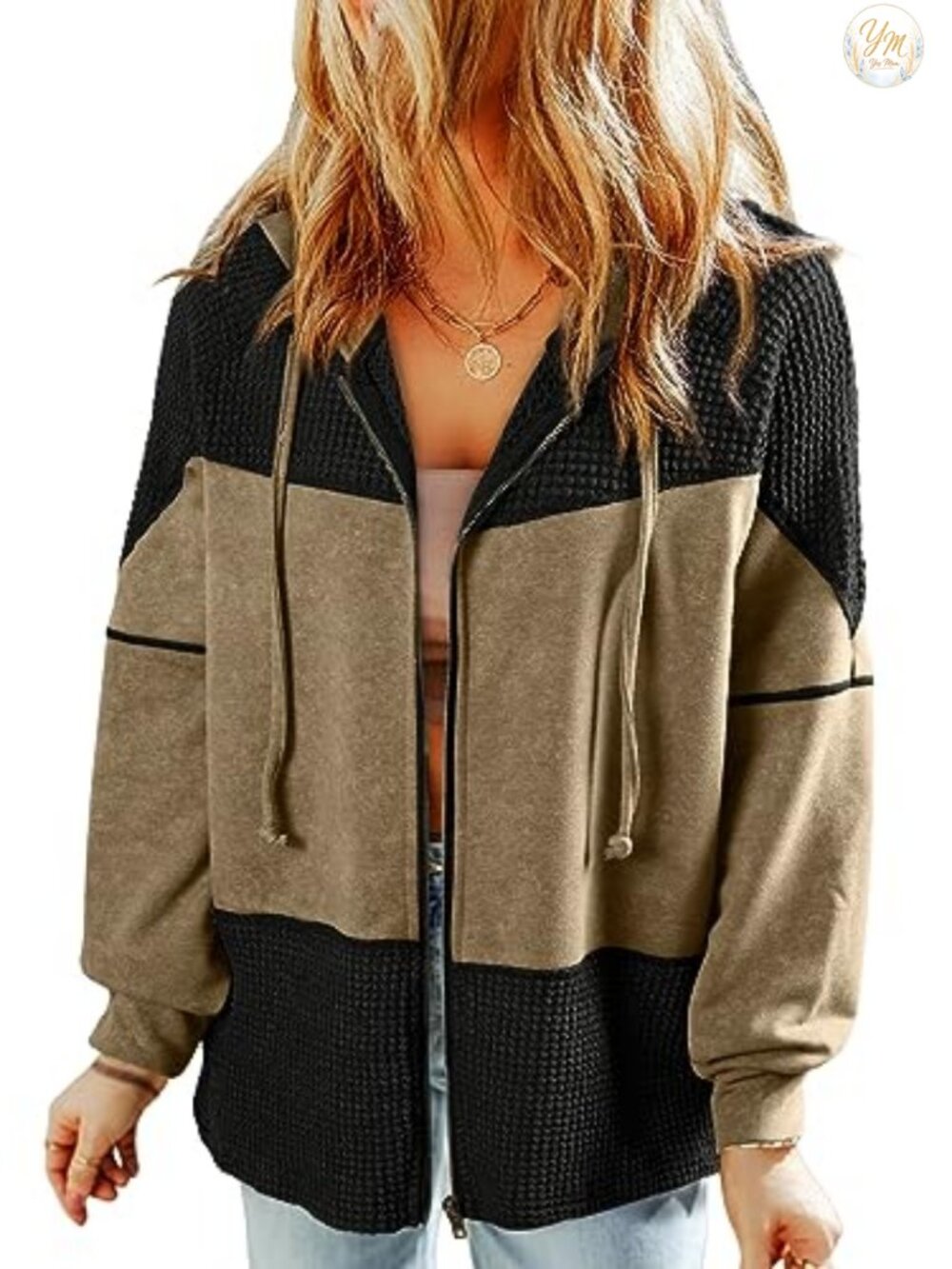 Waffle Knit Hooded Zip Up Jacket Women Oversized Casual Coat
